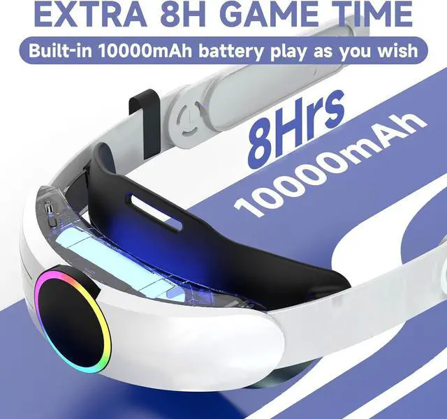 Alt view image 2 of 7 - BONAEVER RGB Head Strap with Battery for Meta/Oculus Quest 3/Quest 3S, 10000mAh Battery Pack for Extended 8H of Playtime, Fast Charging VR Power, Adjustable Elite Strap Enhanced Support and Balance