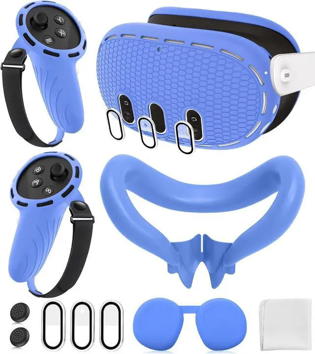 Main image of BONAEVER Silicone Cover Set Compatible with Oculus/Meta Quest 3 Accessories, Touch Controller Grips Cover, VR Shell Cover, Facial Interface Cover, Protective Lens Cover, Tempered Glass Lens Caps Blue