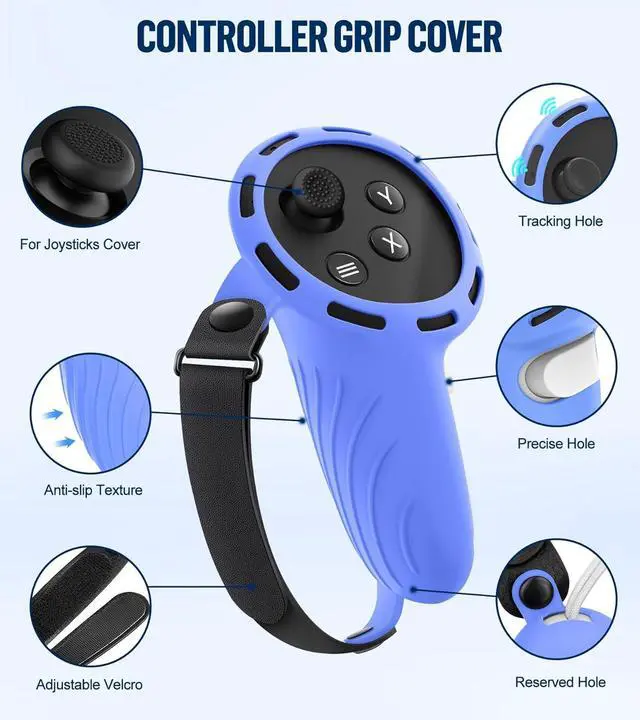Alt view image 4 of 7 - BONAEVER Silicone Cover Set Compatible with Oculus/Meta Quest 3 Accessories, Touch Controller Grips Cover, VR Shell Cover, Facial Interface Cover, Protective Lens Cover, Tempered Glass Lens Caps Blue
