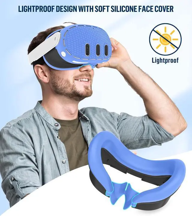 Alt view image 6 of 7 - BONAEVER Silicone Cover Set Compatible with Oculus/Meta Quest 3 Accessories, Touch Controller Grips Cover, VR Shell Cover, Facial Interface Cover, Protective Lens Cover, Tempered Glass Lens Caps Blue