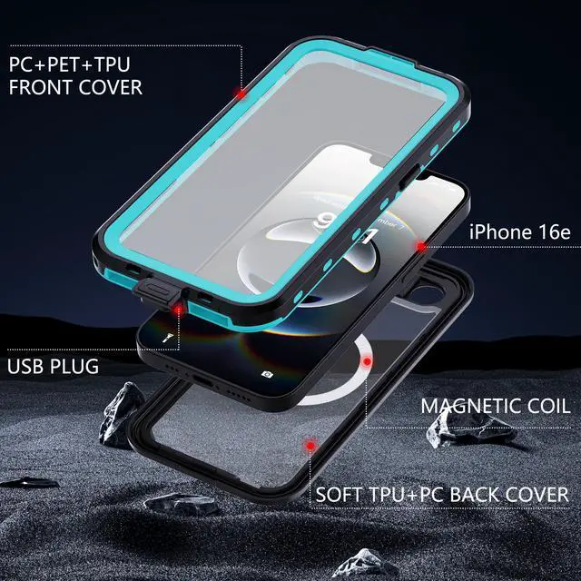 Alt view image 5 of 7 - BONAEVER Waterproof Case for iPhone 16e, Shockproof Dustproof Built-in Screen Protector, Full Body Sealed Heavy Duty Protective Cover for iPhone 16e 6.1 Inches Black Blue