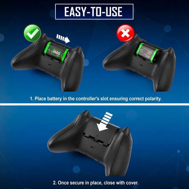 Alt view image 3 of 7 - BONAEVER Rechargeable Battery Pack and Charger for Xbox Series / Xbox One, 2 Pack 2600mAh Battery for Xbox Series X / S, Xbox One / X / S / Elite Wireless Controller with Dual Battery Charger Station