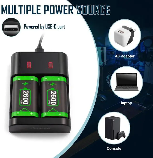 Alt view image 5 of 7 - BONAEVER Rechargeable Battery Pack and Charger for Xbox Series / Xbox One, 2 Pack 2600mAh Battery for Xbox Series X / S, Xbox One / X / S / Elite Wireless Controller with Dual Battery Charger Station