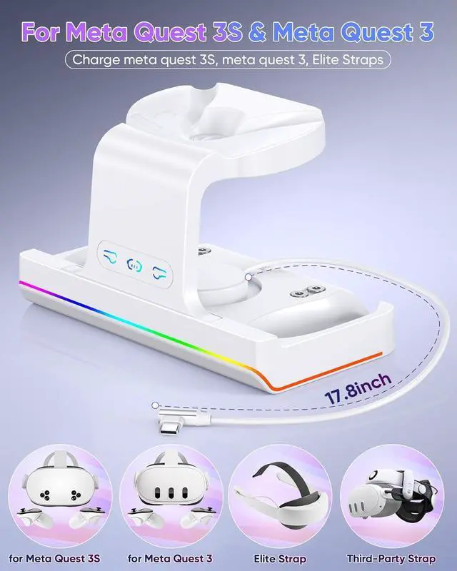 Alt view image 3 of 7 - BONAEVER Charging Dock for Meta Quest 3 & Quest 3S, Charging Station for Oculus Quest 3S/Quest 3 Accessories with RGB Light, Stand for VR Heatset with 2 Rechargeable Batteries, Support Elite Strap