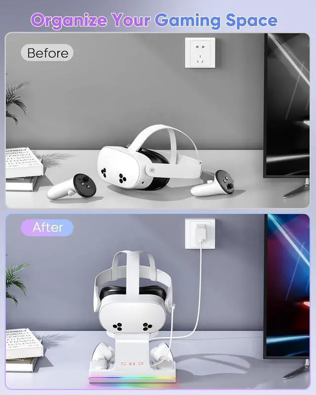 Alt view image 6 of 7 - BONAEVER Charging Dock for Meta Quest 3 & Quest 3S, Charging Station for Oculus Quest 3S/Quest 3 Accessories with RGB Light, Stand for VR Heatset with 2 Rechargeable Batteries, Support Elite Strap