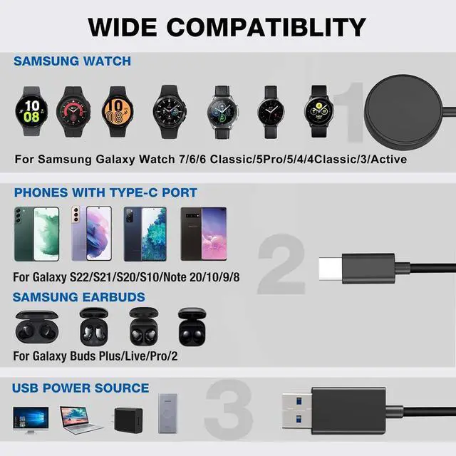 Alt view image 2 of 7 - BONAEVER 2 Pack Galaxy Watch 7 Charger, 3.3FT 2 in 1 USB-C Magnetic Wireless Charging Cable Cord Compatible with Samsung Galaxy Watch 7/6 /6 Classic/5 Pro/5/4 /4 Classic/3/Active