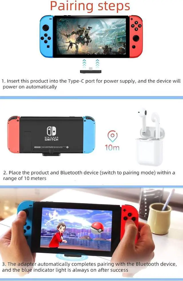 Alt view image 7 of 7 - BONAEVER Type C Bluetooth 5.0 Transmitter USB Gaming Console PC Wireless Audio Transmitter for PS4, PS5, Switch, PC with Low Latency and AptX Adaptation, Type-c to USB Adapter Included