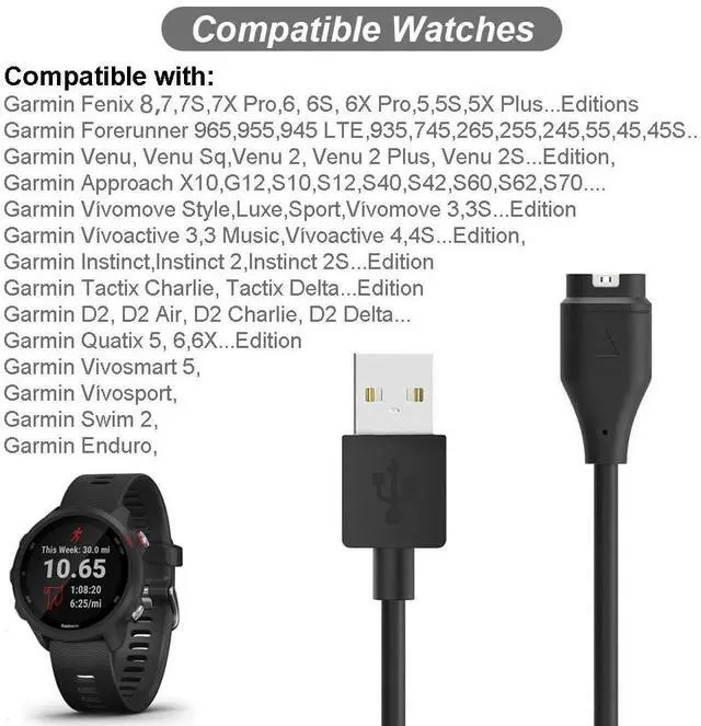 Alt view image 2 of 6 - BONAEVER Charger for Garmin Forerunner 45 55 245 255 265 745 945 955 965, Approach S10 S12 S40 S42 S60 S70, Vivoactive 3 4 4S, Instinct Venu 2 2S Plus Fenix 8 7 7S 7X 6 5 Charging Cable [2Pack, 3.3ft]