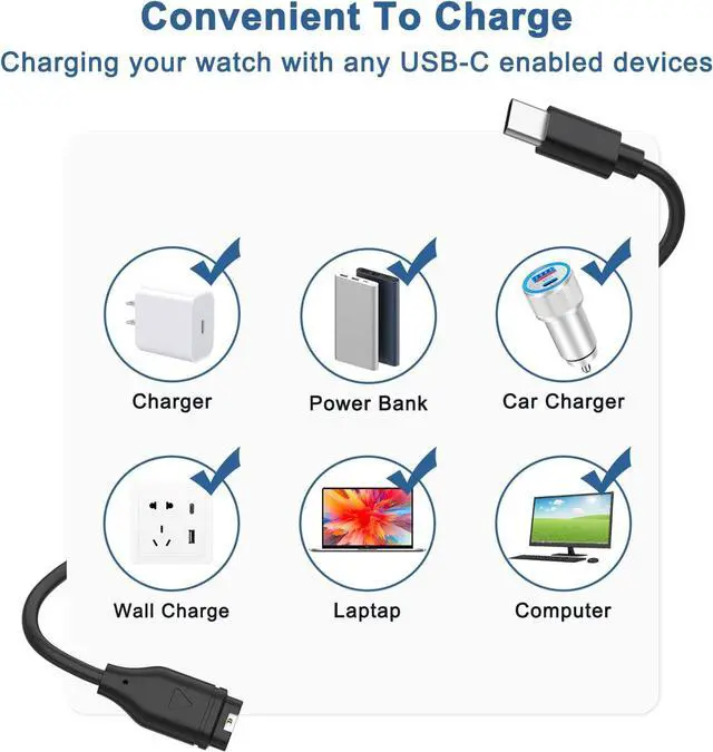 Alt view image 6 of 7 - BONAEVER 2 Packs USB C Charger Compatible with Garmin Watch Charger, Charging Cable for Garmin Watch Fenix 8 7 7S 7X 6 6S 6X 5 5S Plus, Forerunner 245 945,Instinct,Vivoactive 4 4S 3,Venu,3.3FT/1M