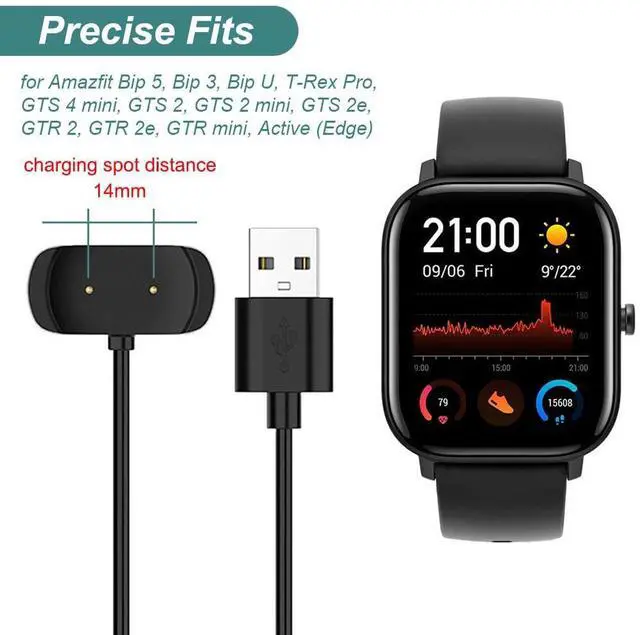 Alt view image 5 of 7 - BONAEVER Charger for Amazfit T-Rex Pro, Bip 5, Bip 3, Bip U Pro, GTS 4 Mini, GTS 2 Mini, GTS 2e, GTS 2, GTR 2, GTR 2e, GTR Mini, Active Smart Watch Charging Cable Cord [2-Pack, 3.3ft/1m]