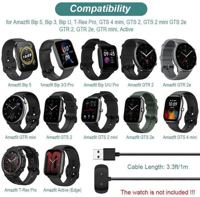 Alt view image 6 of 7 - BONAEVER Charger for Amazfit T-Rex Pro, Bip 5, Bip 3, Bip U Pro, GTS 4 Mini, GTS 2 Mini, GTS 2e, GTS 2, GTR 2, GTR 2e, GTR Mini, Active Smart Watch Charging Cable Cord [2-Pack, 3.3ft/1m]