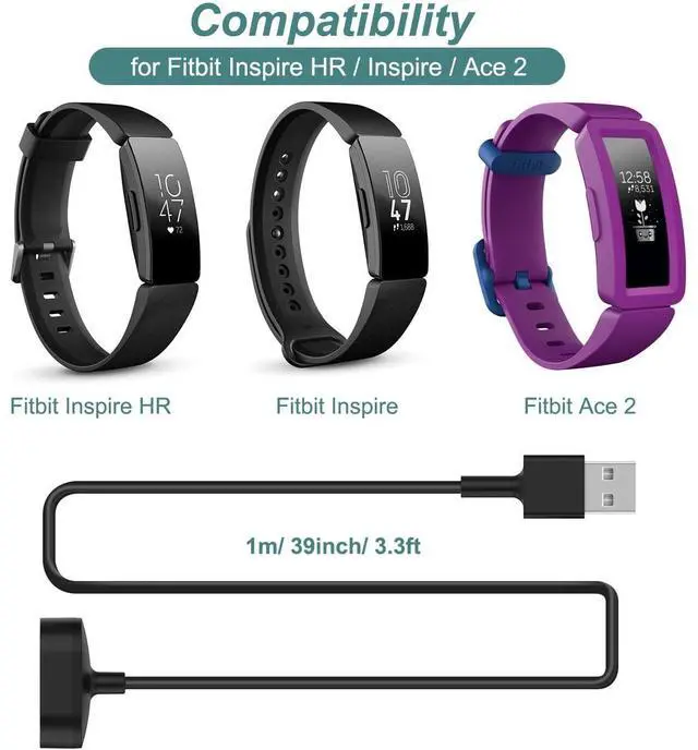 Alt view image 2 of 7 - BONAEVER Charger for Fitbit Inspire HR & Ace 2, Replacement USB Charging Cable Cord for Inspire Smart Wristband ( 2PACK, 3.3ft/100cm)