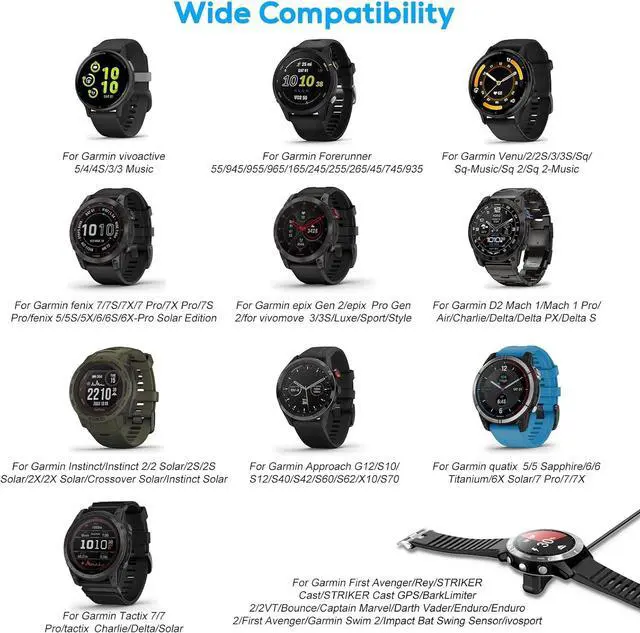 Alt view image 2 of 7 - BONAEVER 2 Pack Charging Cable Charger for Garmin Watch Fenix 7 7S 7X 6 6S 6X 5 5S, Forerunner 245 945, Instinct 2 2S, Vivoactive 4 4S 3, Vivosmart 5, 3.3FT Upgraded Lay-flat Charging Cord for Garmin