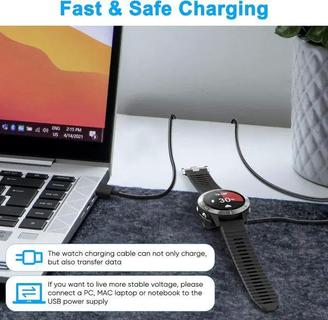 Alt view image 5 of 7 - BONAEVER 2 Pack Charging Cable Charger for Garmin Watch Fenix 7 7S 7X 6 6S 6X 5 5S, Forerunner 245 945, Instinct 2 2S, Vivoactive 4 4S 3, Vivosmart 5, 3.3FT Upgraded Lay-flat Charging Cord for Garmin