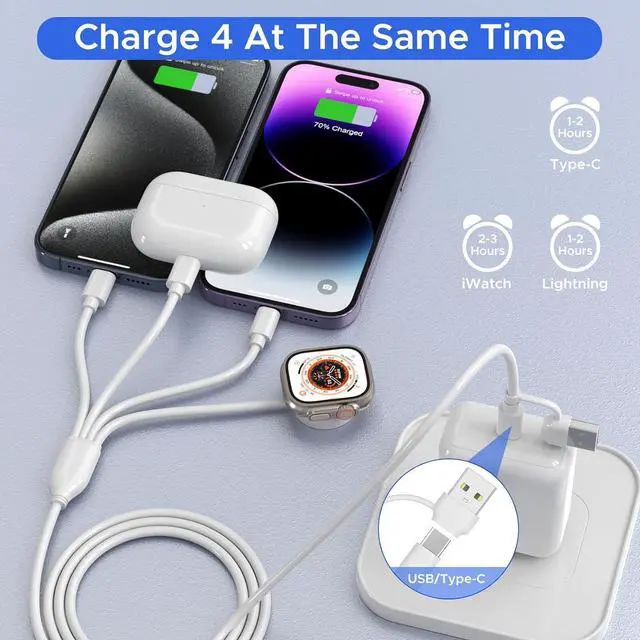 Alt view image 2 of 7 - BONAEVER 4 in 2 Multi Charging Cable for Apple Watch Charger,USB C Cable Universal Travel Charger with L/Type C Compatible with iPhone 16 15 14 13 iWatch Series 10/9/8/7/6/5/4/3/2/1 Galaxy S23 S22