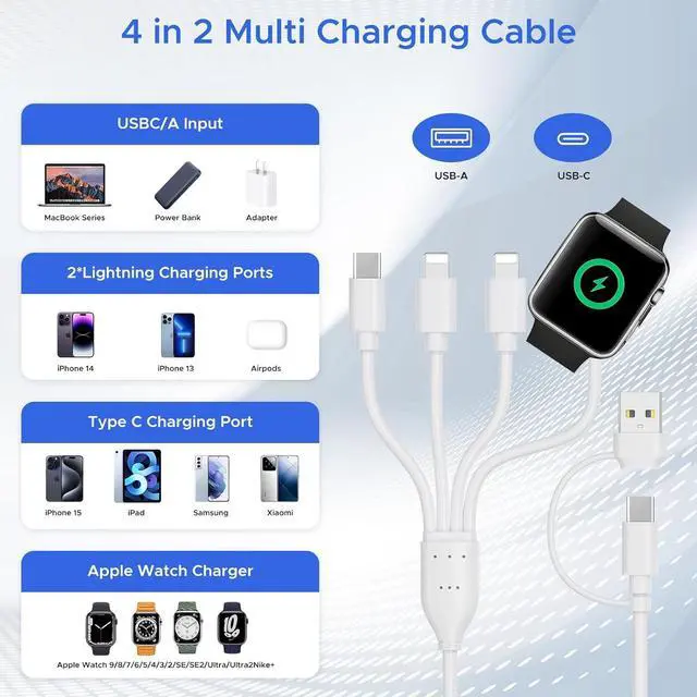 Alt view image 4 of 6 - BONAEVER 4 in 2 Multi Charging Cable for Apple Watch Charger,PD20W USB C+A Charger Block Travel Essentials with L/Type C iWatch for iPhone 16 15 14 13 iWatch Series 10/9/8/7/6/5/4/3/2/1 Galaxy S23