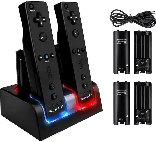 Main image of BONAEVER Upgraded Wii Remote Charger Station, 4 Port Wii Charging Station with 4 Rechargeable Battery for Wii (4 Port Charging Station+4 Replacement Batteries+USB Cable)