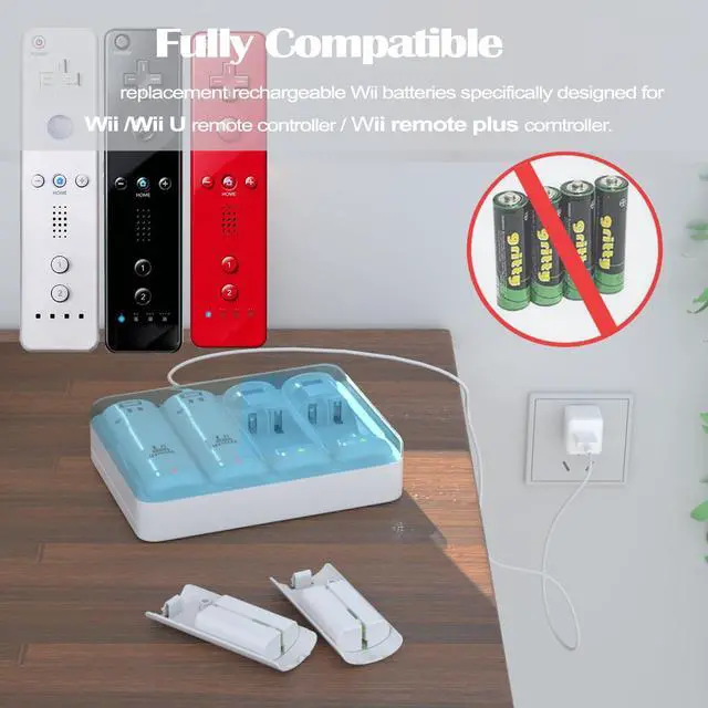 Alt view image 3 of 6 - BONAEVER Rechargeable 4 Pack Battery Pack for Wii/Wii U Remote Controller,2800mAh Replacement Batteries and 4 Ports Charger Station for Wii/Wii U Remote Controller Battery Pack,wii Remote Charger