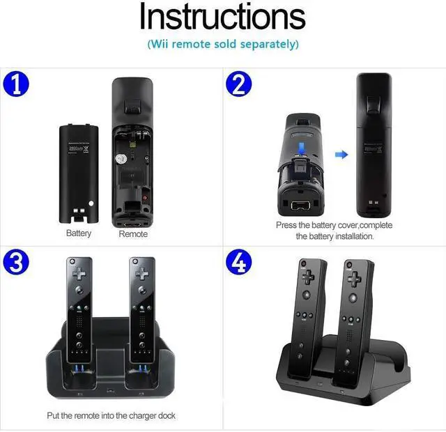 Alt view image 5 of 7 - BONAEVER Wii U Charger Dock Station for Wii Remote & Wii U Gamepad with 2 Rechargeable Batteries Charging Cable Led Indicator