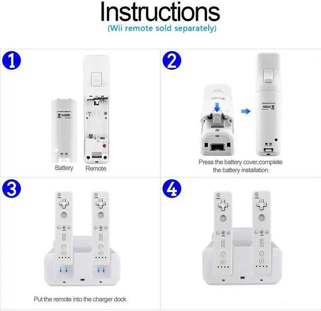 Alt view image 4 of 7 - BONAEVER Wii U Charger Dock Station for Wii Remote & Wii U Gamepad with 2 Rechargeable Batteries Charging Cable Led Indicator White
