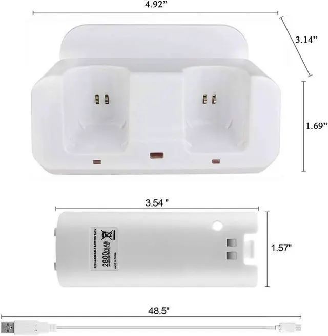 Alt view image 5 of 7 - BONAEVER Wii U Charger Dock Station for Wii Remote & Wii U Gamepad with 2 Rechargeable Batteries Charging Cable Led Indicator White
