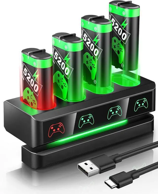 Main image of BONAEVER Rechargeable Battery Pack for Xbox One / Xbox Series X|S Xbox One S / Xbox One X / Xbox One Elite with 4 x 5200mWh Batteries, Controller Battery Pack Accessories with Controller Charger