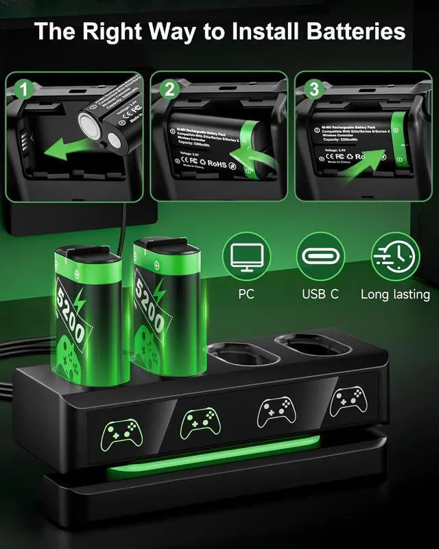 Alt view image 4 of 7 - BONAEVER Rechargeable Battery Pack for Xbox One / Xbox Series X|S Xbox One S / Xbox One X / Xbox One Elite with 4 x 5200mWh Batteries, Controller Battery Pack Accessories with Controller Charger