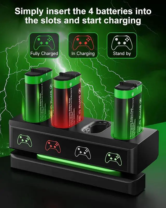 Alt view image 2 of 7 - BONAEVER Rechargeable Battery Pack for Xbox One / Xbox Series X|S Xbox One S / Xbox One X / Xbox One Elite with 4 x 5200mWh Batteries, Controller Battery Pack Accessories with Controller Charger