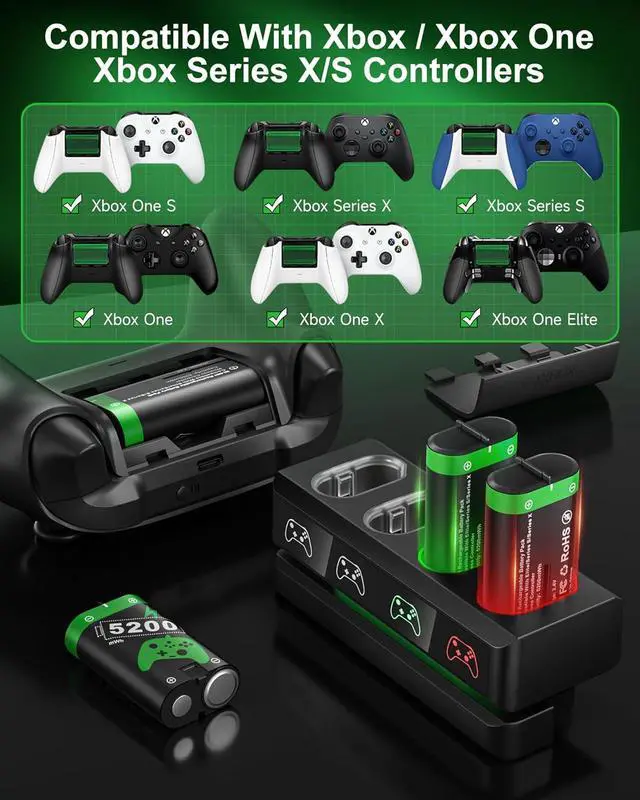 Alt view image 3 of 7 - BONAEVER Rechargeable Battery Pack for Xbox One / Xbox Series X|S Xbox One S / Xbox One X / Xbox One Elite with 4 x 5200mWh Batteries, Controller Battery Pack Accessories with Controller Charger