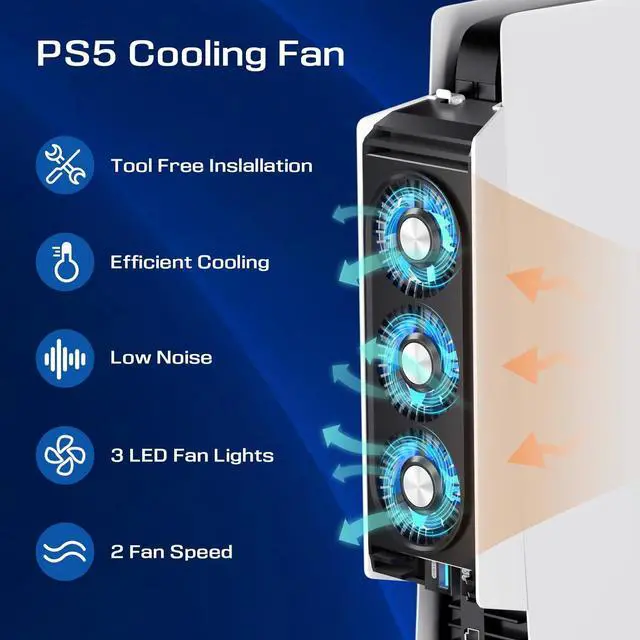 Alt view image 2 of 7 - BONAEVER Cooling Fan for PS5 Accessories,with 3 Blue LED Light / 2 USB 3.0 Ports / 2 Fan Speed,Compatible with PlayStation 5 Console Digital/CD Version, High Efficiency PS5 Cooler Station