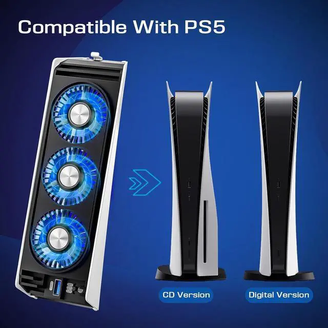 Alt view image 5 of 7 - BONAEVER Cooling Fan for PS5 Accessories,with 3 Blue LED Light / 2 USB 3.0 Ports / 2 Fan Speed,Compatible with PlayStation 5 Console Digital/CD Version, High Efficiency PS5 Cooler Station