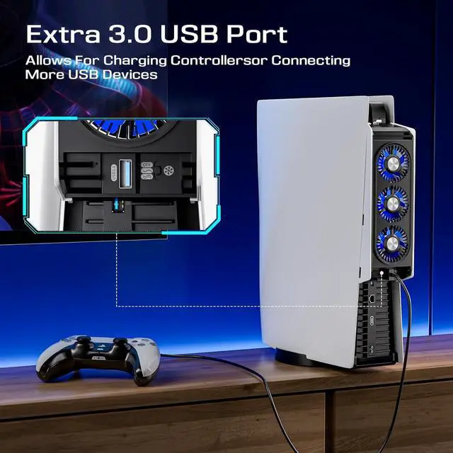 Alt view image 7 of 7 - BONAEVER Cooling Fan for PS5 Accessories,with 3 Blue LED Light / 2 USB 3.0 Ports / 2 Fan Speed,Compatible with PlayStation 5 Console Digital/CD Version, High Efficiency PS5 Cooler Station