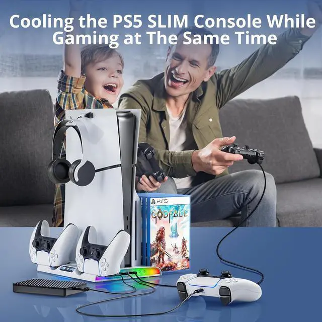 Alt view image 7 of 7 - BONAEVER PS5 Slim Stand Cooling Station with Controller Charging Station for Playsation 5 Slim, PS5 Slim Accessories Kits with Cooling Fan,RGB LED,and Game Slot