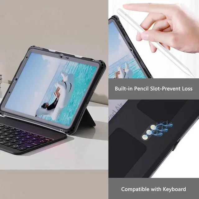 Alt view image 6 of 7 - BONAEVER Waterproof Case for iPad Air 11 Inch Case M3/M2 (2025/2024), iPad Air 6th/5th/4th Generation 10.9 Inch 2022/2020 with Screen Protector Pencil Holder & Stand & Shoulder Strap & Handle