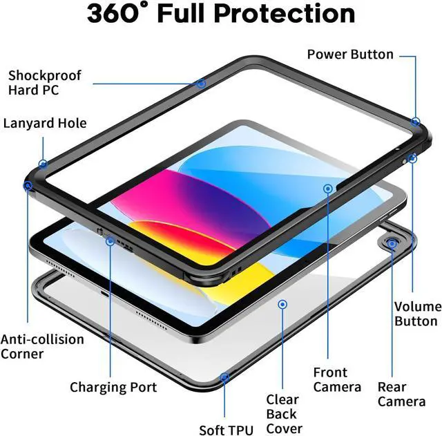 Alt view image 2 of 7 - BONAEVER Waterproof Case for iPad (A16) 11th Generation Case & iPad 10th Generation 10.9 inch Case, [Built-in Screen Protector] [IP68 Waterproof] Full Body Rugged Shockproof Protective Cover