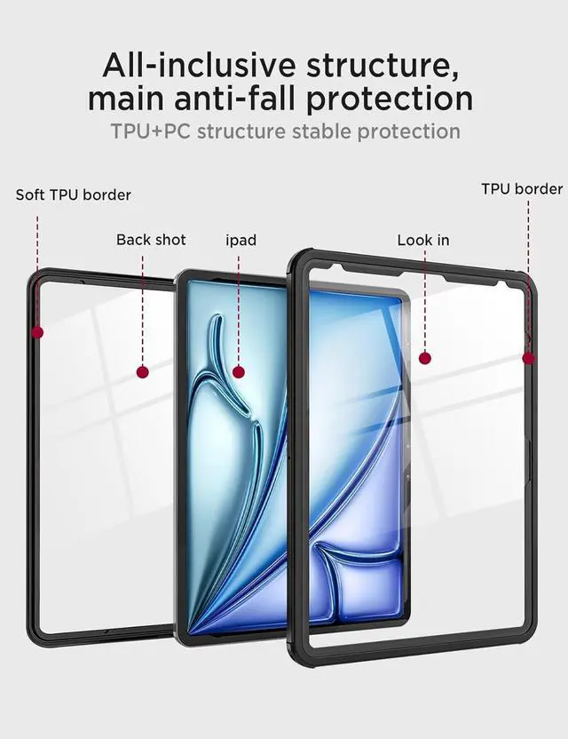 Alt view image 3 of 7 - BONAEVER Waterproof Case for iPad Air 13 Inch Case M3 2025 / M2 2024, IP68 360 Full-Body Ultra-Thin, Built-in Screen Protector, Shockproof Dust/Snow Proof Cover, Black