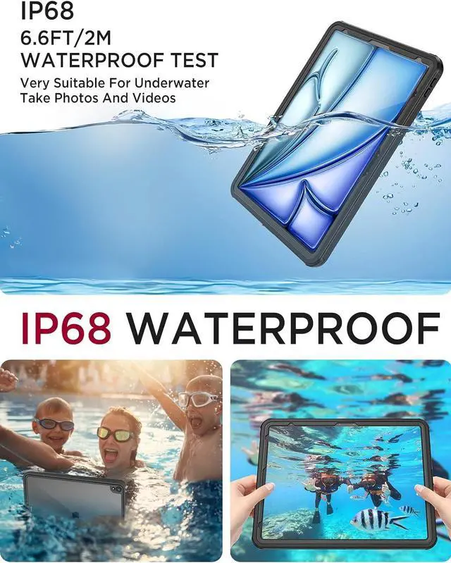 Alt view image 2 of 7 - BONAEVER Waterproof Case for iPad Air 13 Inch Case M3 2025 / M2 2024, IP68 360 Full-Body Ultra-Thin, Built-in Screen Protector, Shockproof Dust/Snow Proof Cover, Black