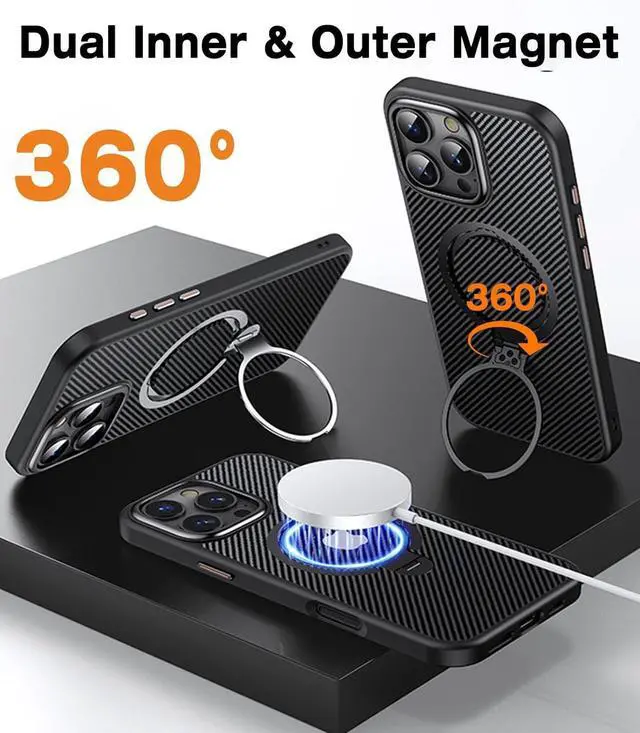 Alt view image 4 of 7 - Case for iPhone 16 Pro, Compatible with MagSafe, [Built-in 360° Spin Magnetic Stand] Military Grade Shockproof Gen-5 Aramid Fiber Case Protective Cover for iPhone 16 Pro 6.3 Inch, Black