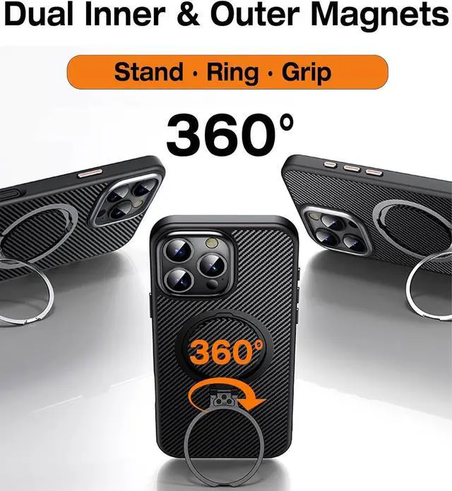 Alt view image 6 of 7 - Case for iPhone 16 Pro, Compatible with MagSafe, [Built-in 360° Spin Magnetic Stand] Military Grade Shockproof Gen-5 Aramid Fiber Case Protective Cover for iPhone 16 Pro 6.3 Inch, Black
