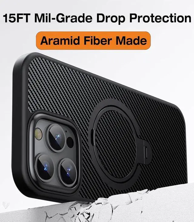 Alt view image 7 of 7 - Case for iPhone 16 Pro, Compatible with MagSafe, [Built-in 360° Spin Magnetic Stand] Military Grade Shockproof Gen-5 Aramid Fiber Case Protective Cover for iPhone 16 Pro 6.3 Inch, Black