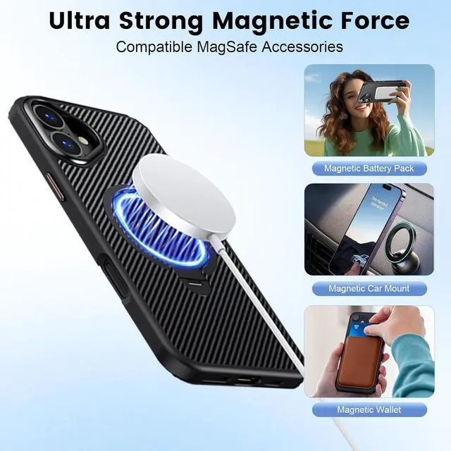 Alt view image 4 of 6 - BONAEVER Case for iPhone 16, Compatible with MagSafe, [Built-in 360° Spin Magnetic Stand] Military Grade Shockproof Gen-5 Aramid Fiber Case Protective Cover for iPhone 16 6.1 Inch, Black