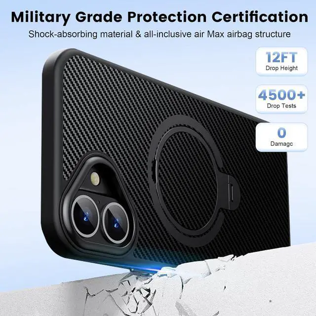 Alt view image 5 of 6 - BONAEVER Case for iPhone 16, Compatible with MagSafe, [Built-in 360° Spin Magnetic Stand] Military Grade Shockproof Gen-5 Aramid Fiber Case Protective Cover for iPhone 16 6.1 Inch, Black