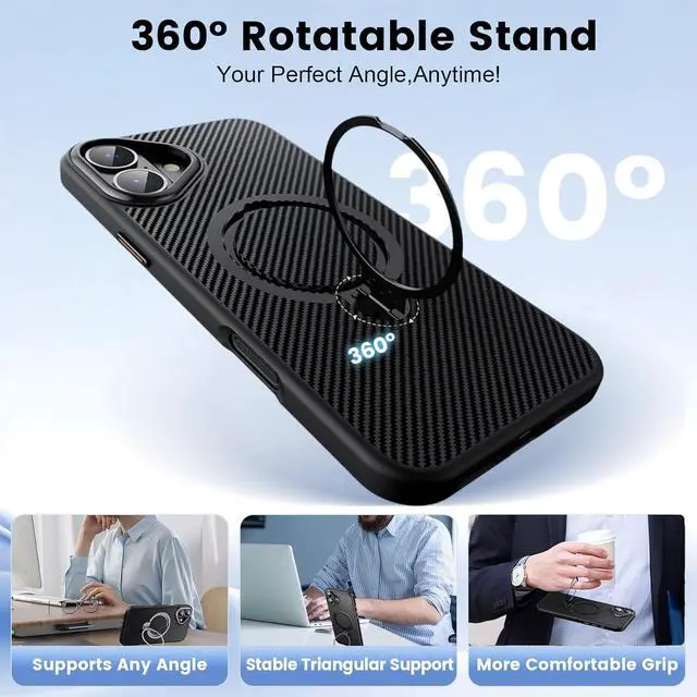 Alt view image 3 of 6 - BONAEVER Case for iPhone 16, Compatible with MagSafe, [Built-in 360° Spin Magnetic Stand] Military Grade Shockproof Gen-5 Aramid Fiber Case Protective Cover for iPhone 16 6.1 Inch, Black