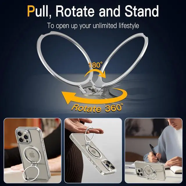 Alt view image 3 of 7 - BONAEVER Dual 360° Spin Magnetic Stand & Magnetic Ring for iPhone 16 Pro Max Case [Compatible with MagSafe] [Dual Embeded Ring & Stand] [16FT Military Protection] Case for iPhone 16 Pro Max 6.9" Clear
