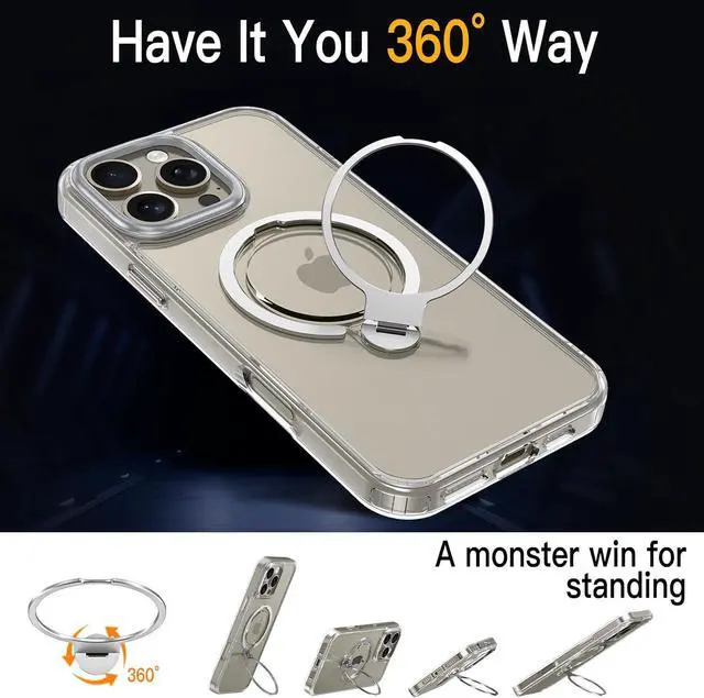 Alt view image 2 of 7 - BONAEVER Dual 360° Spin Magnetic Stand & Magnetic Ring for iPhone 16 Pro Max Case [Compatible with MagSafe] [Dual Embeded Ring & Stand] [16FT Military Protection] Case for iPhone 16 Pro Max 6.9" Clear