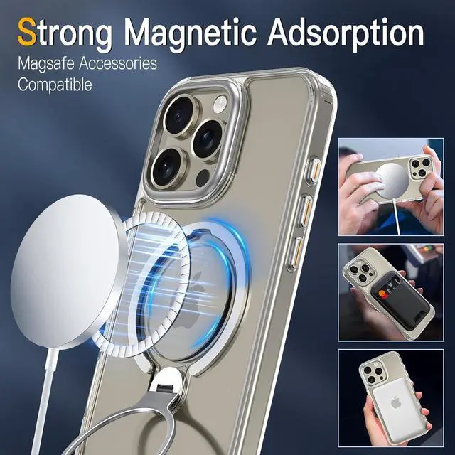 Alt view image 4 of 7 - BONAEVER Dual 360° Spin Magnetic Stand & Magnetic Ring for iPhone 16 Pro Max Case [Compatible with MagSafe] [Dual Embeded Ring & Stand] [16FT Military Protection] Case for iPhone 16 Pro Max 6.9" Clear