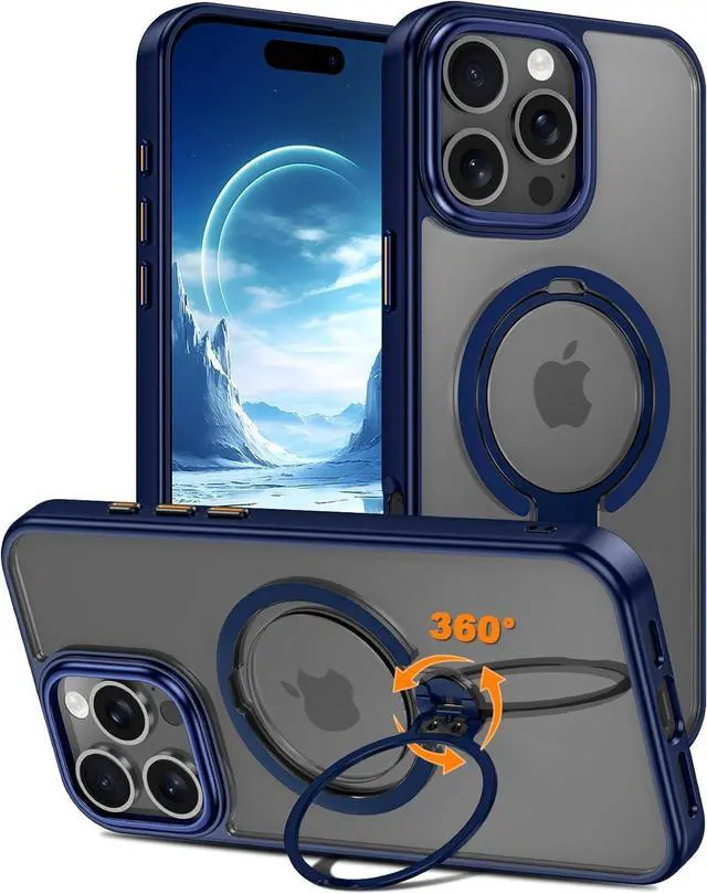 Main image of BONAEVER for iPhone 16 Pro Case, Dual 360° Spin Magnetic Stand& Magnetic Ring, Compatible with Magsafe, Shockproof Translucent Matte Hard Back Cover for iPhone 16 Pro 6.3" Blue