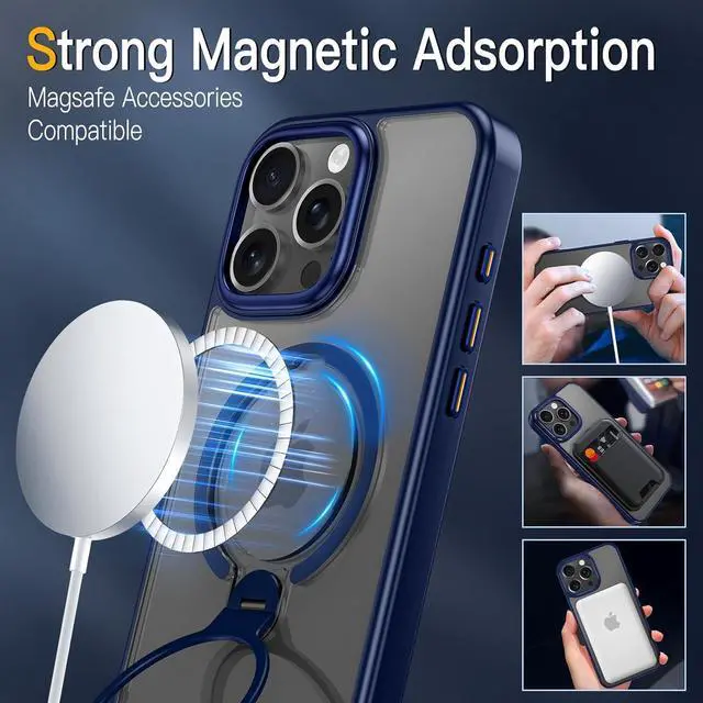 Alt view image 4 of 7 - BONAEVER for iPhone 16 Pro Case, Dual 360° Spin Magnetic Stand& Magnetic Ring, Compatible with Magsafe, Shockproof Translucent Matte Hard Back Cover for iPhone 16 Pro 6.3" Blue