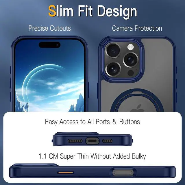 Alt view image 6 of 7 - BONAEVER for iPhone 16 Pro Case, Dual 360° Spin Magnetic Stand& Magnetic Ring, Compatible with Magsafe, Shockproof Translucent Matte Hard Back Cover for iPhone 16 Pro 6.3" Blue