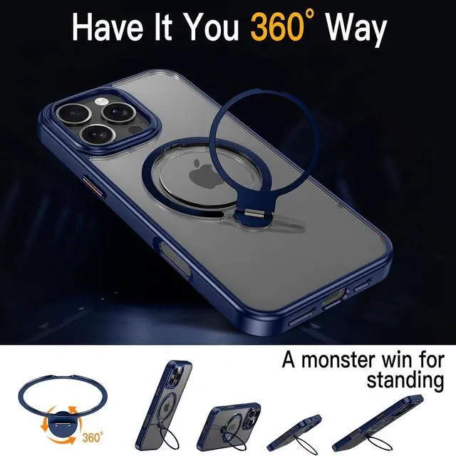 Alt view image 5 of 7 - BONAEVER for iPhone 16 Pro Case, Dual 360° Spin Magnetic Stand& Magnetic Ring, Compatible with Magsafe, Shockproof Translucent Matte Hard Back Cover for iPhone 16 Pro 6.3" Blue